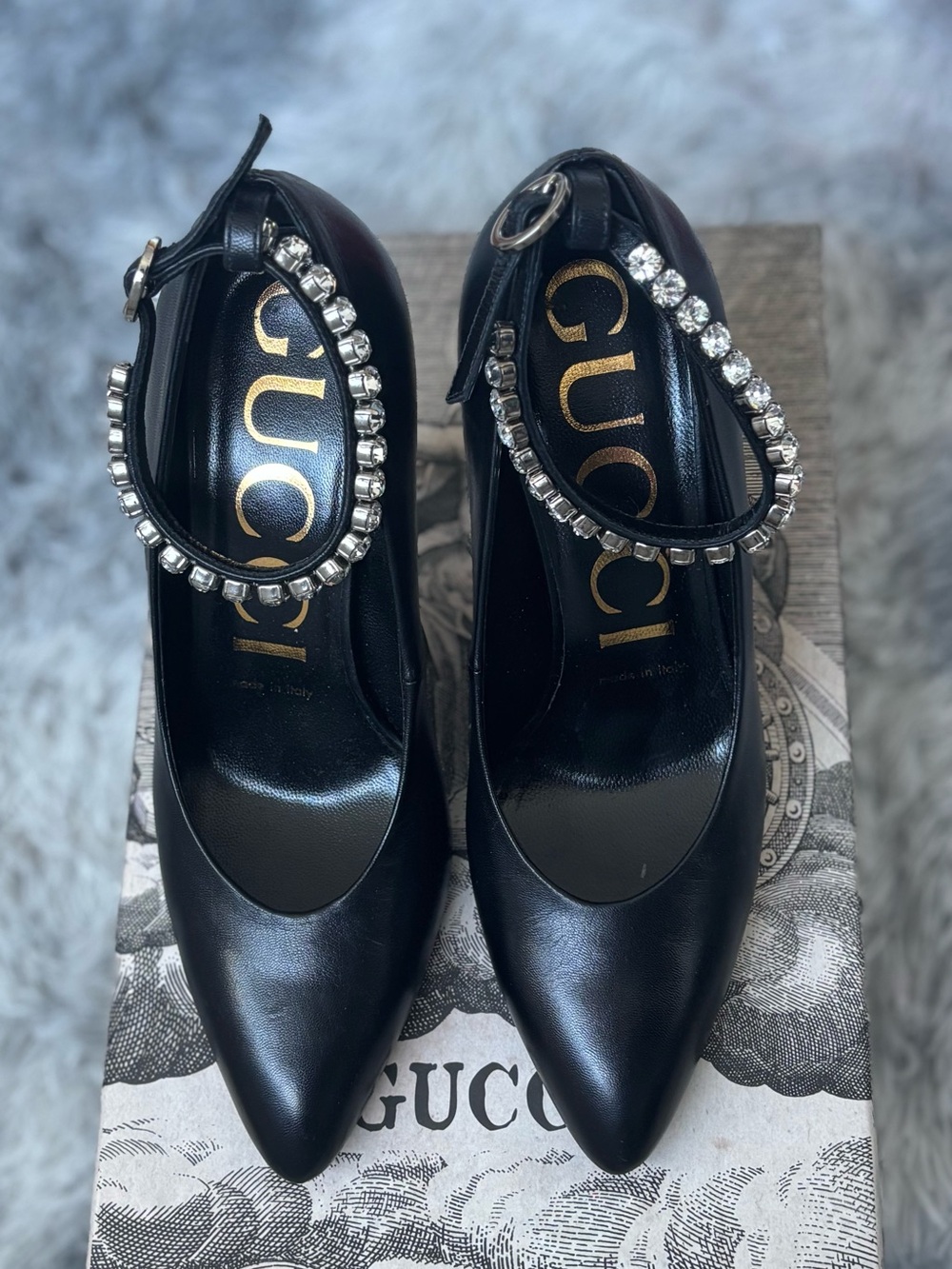 Gucci Black Leather Pointed Toe Pumps with Crystal Ankle Straps